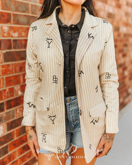 Beige Pin Stripe Cattle Branded Camel Western Yoke Blazer