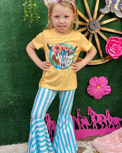 Western bull skull & white/aqua stripes girls set XCH0777-31