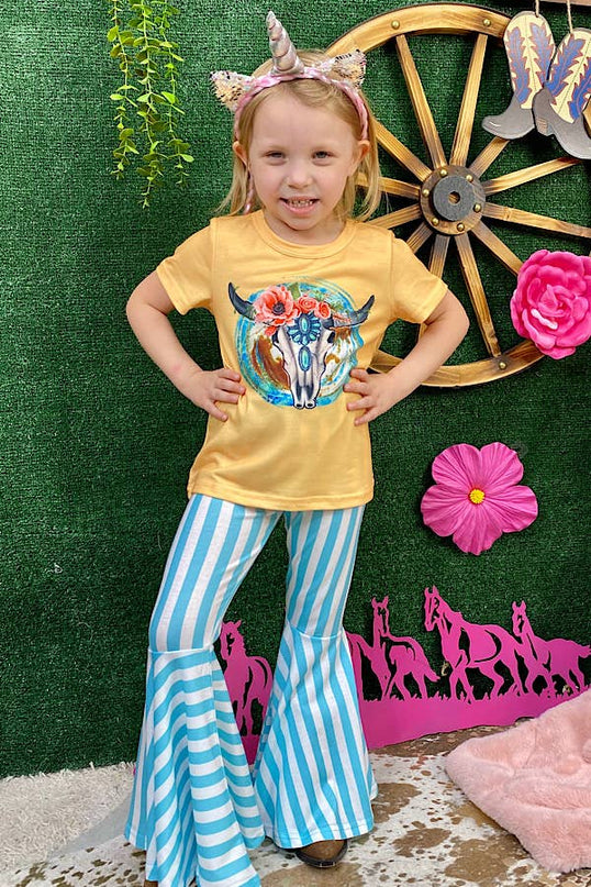 Western bull skull & white/aqua stripes girls set XCH0777-31