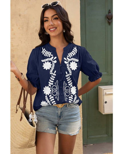 V Neck Boho Puff Short Sleeve Button Down Shirt