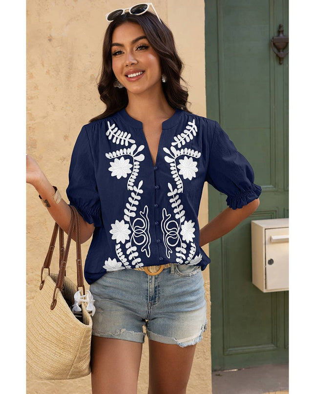 V Neck Boho Puff Short Sleeve Button Down Shirt