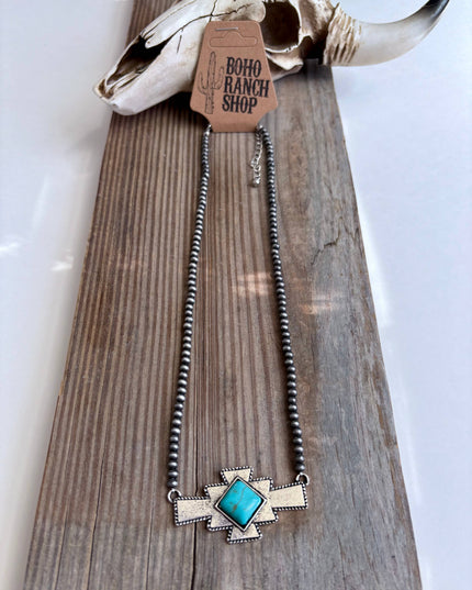 Western Aztec Stone Pendant Navajo Pearl Bead Necklace