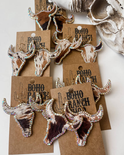 Western Cowhide Bling Steer Longhorn Earrings