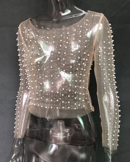 Pearl rhinestone sheer mesh see through top
