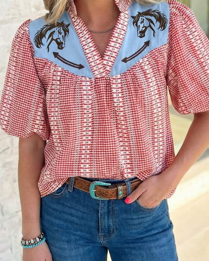 Western Pony Embroidered Gingham Blouse | S-XL