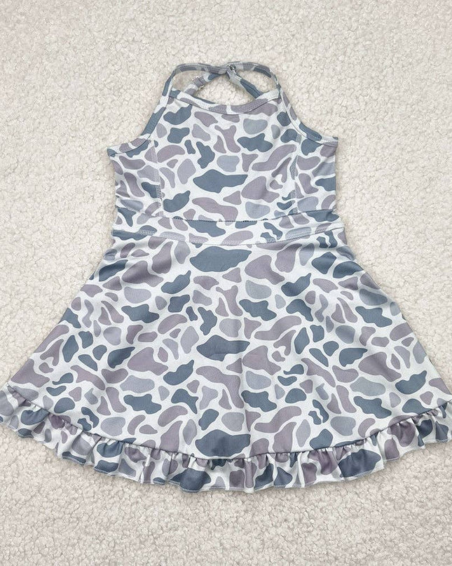 Baby Girls Strap Gray Camo Yoga Ruffle Knee Length Dresses