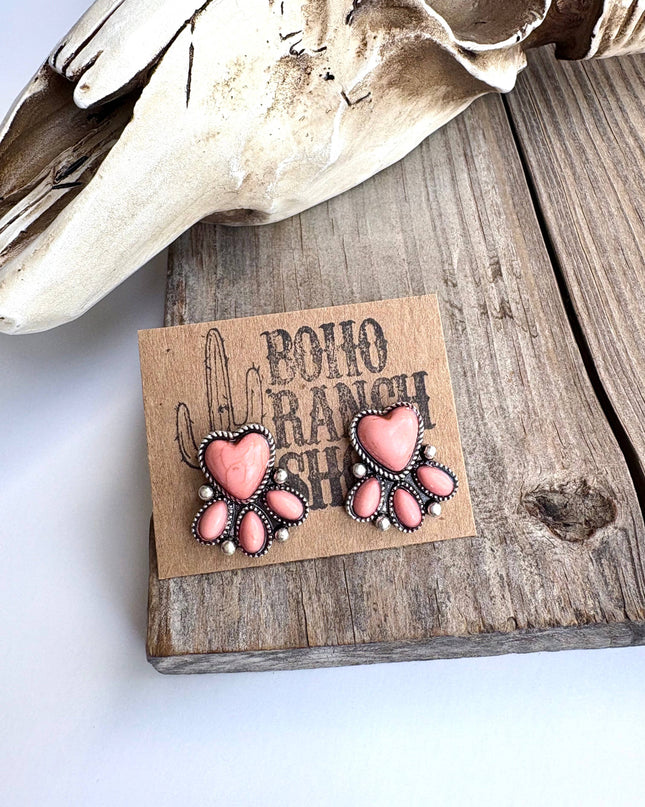 Western Heart Stone Stud Earrings