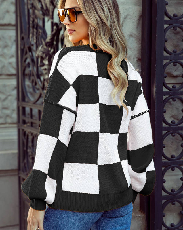 Checkered Oversized Crew Neck Knit Sweater | 10 Colors