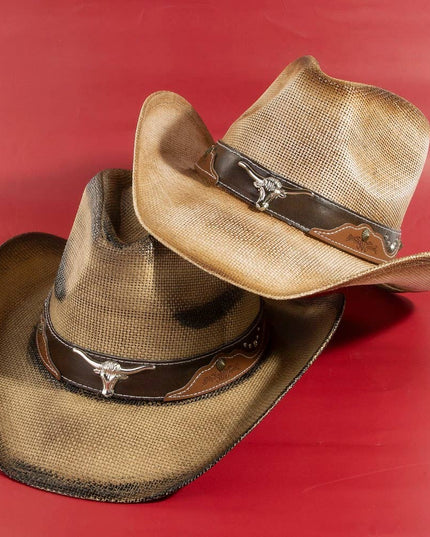 Western Long Horn Strap Trim Straw Cowboy Hat