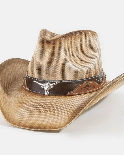 Western Long Horn Strap Trim Straw Cowboy Hat