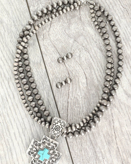 Western Metallic Rock Bead Cross Necklace Set