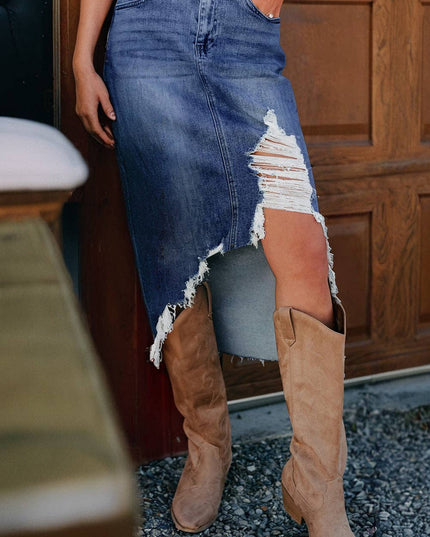 LALALOO Denim Distressed Midi Skirt