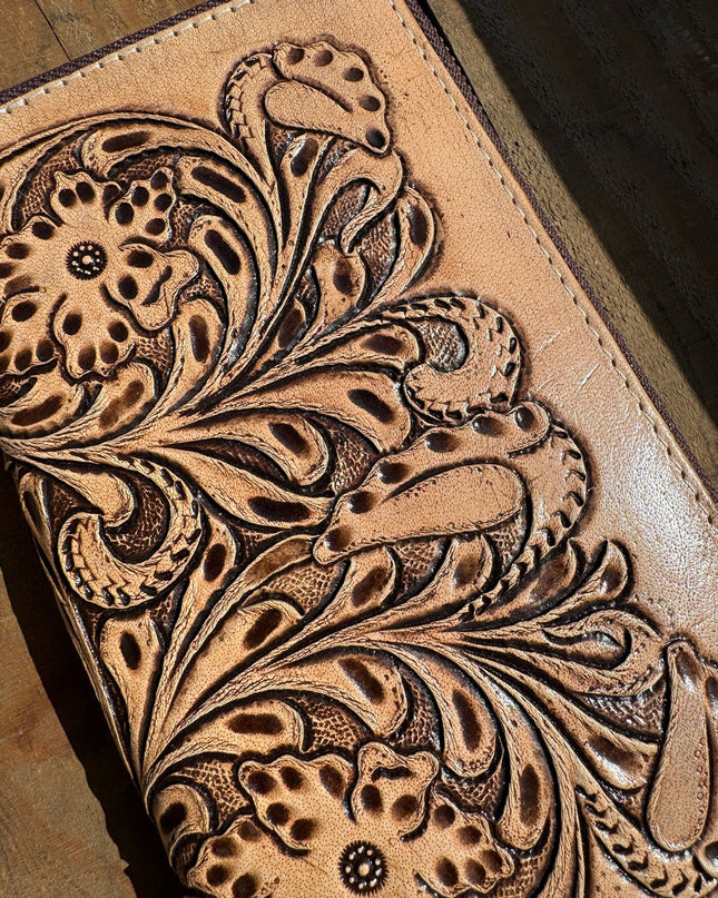 Western Checkbook wallet zipper closure tooled floral leather details by Double B Wild Rags