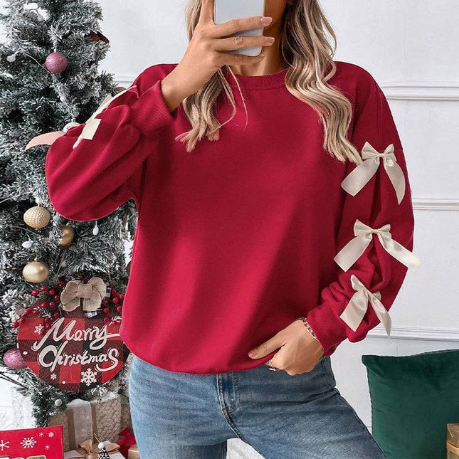 Red Christmas Round Neck Sweater With Bow