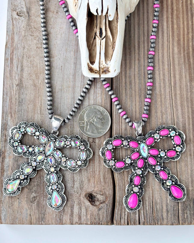 Western Style Coquette Bow Stone Pendant Necklace