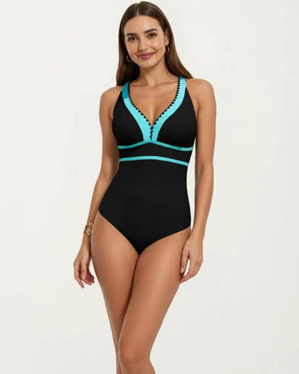 One Piece Swimsuit with Deep V Neck Contrast Trim and Sculpted Waist Design