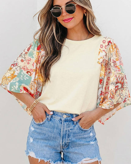 Floral Patchwork Half Batwing Sleeve Blouse | S-XL