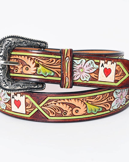 LC-ADBLF156 Tooled Leather Belt - Poker Card Floral Design with Hand-Painted Accents