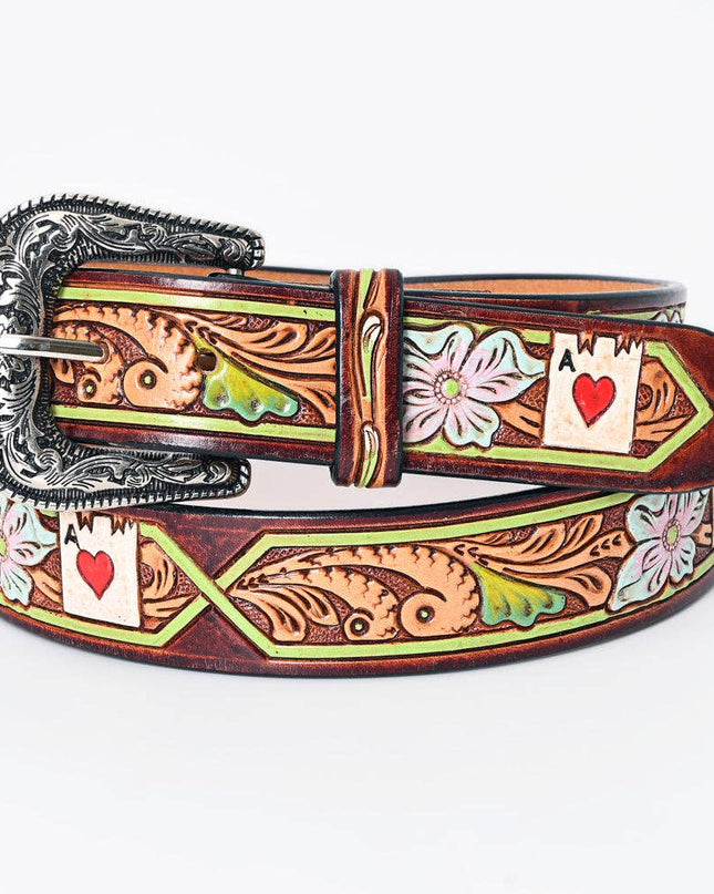 LC-ADBLF156 Tooled Leather Belt - Poker Card Floral Design with Hand-Painted Accents