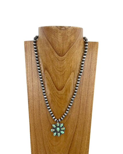 NKZ230930-04         22 Inches silver Navajo pearl beads with green stone concho Necklace