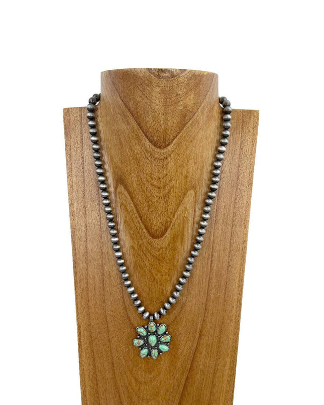 NKZ230930-04         22 Inches silver Navajo pearl beads with green stone concho Necklace