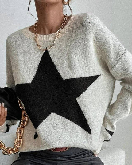 Round Neck Sweater With Five-Pointed Star Print