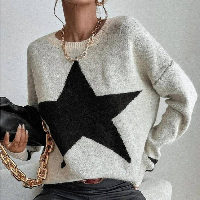 Round Neck Sweater With Five-Pointed Star Print