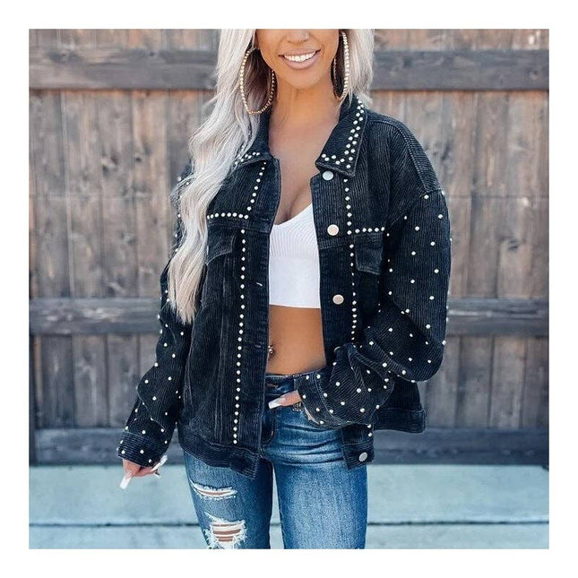 Stylish Corduroy Short Jacket With Rivets For Casual Wear