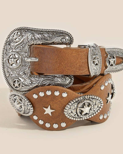 Western Star Embroidered Buckle Detail Faux Leather Belt