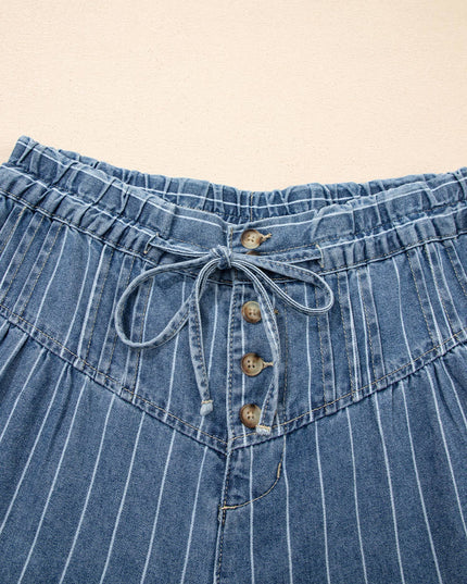 Stripe Button Pleated Drawstring Waist Casual Wide Leg Jeans