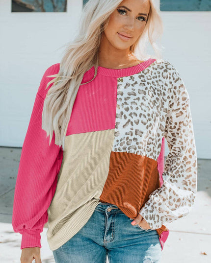 New Colorblock Leopard Print Knitted Long Sleeve Top