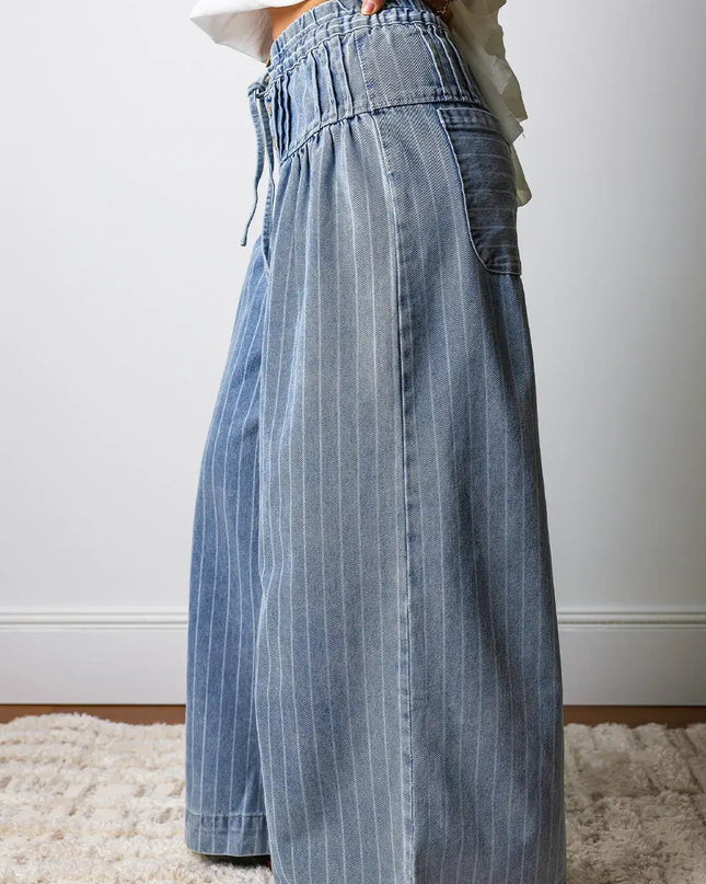 Stripe Button Pleated Drawstring Waist Casual Wide Leg Jeans
