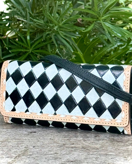 Black White Checkered Leather Wallet Wristband Crossbody Bag
