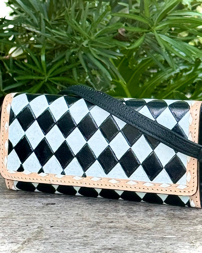 Black White Checkered Leather Wallet Wristband Crossbody Bag