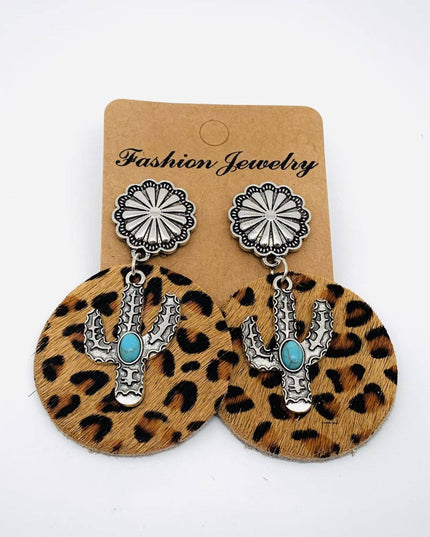 Western Style Cactus Animal Skin Double Charm Earrings - WJ