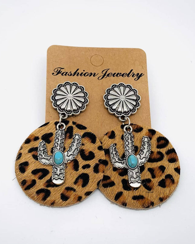 Western Style Cactus Animal Skin Double Charm Earrings - WJ
