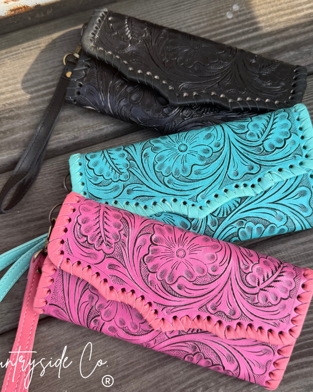 Piper Tooled Leather Wallet Wristlet