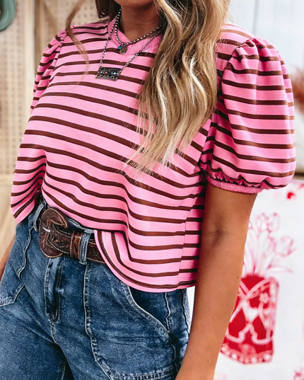Stripe Striped V-Neck Ribbed Collar Cuff Gathering Top