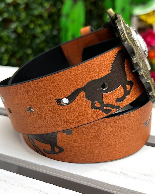 HORSESHOE ON GOLD BUCKLE & HORSE PRINT. BLT-10323