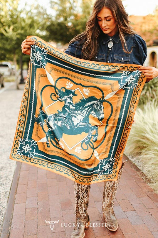Mustard Jade Cowgirl Horse Double Sided Printed Wild Rag