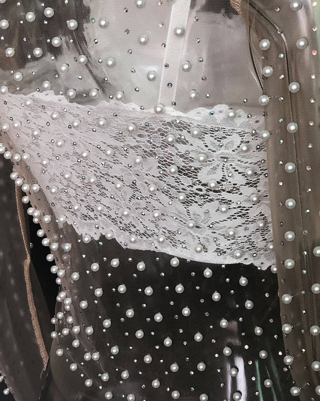 Pearl rhinestone sheer mesh see through top