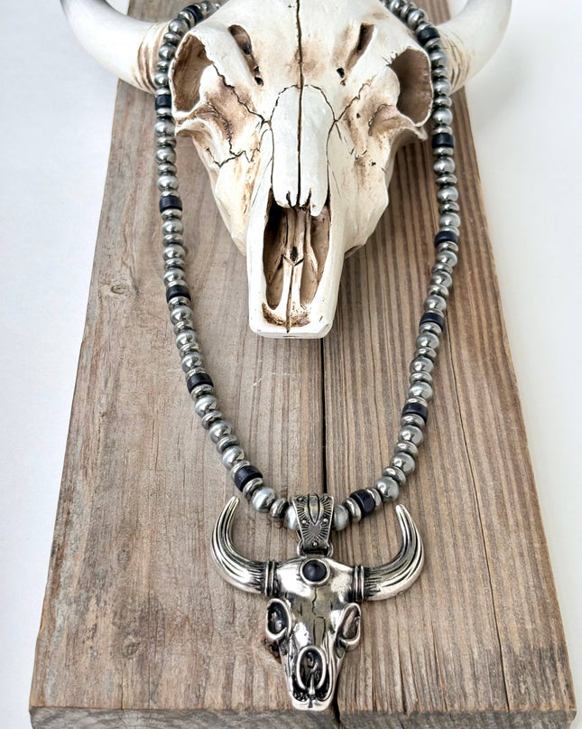 Western Style Navajo Pearl Bead Steer Head Pendant Necklace