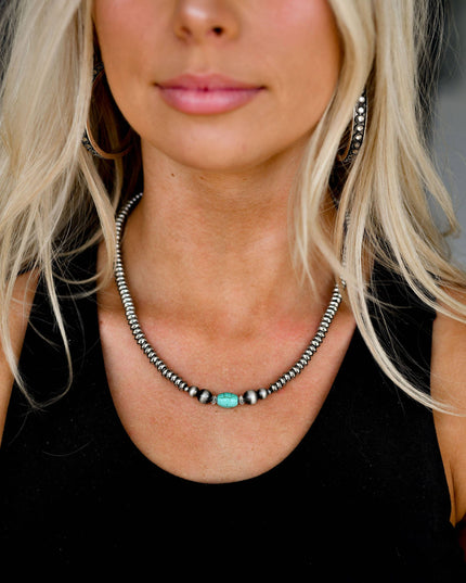 16" Silver Disc Beaded Necklace with Green Turquoise