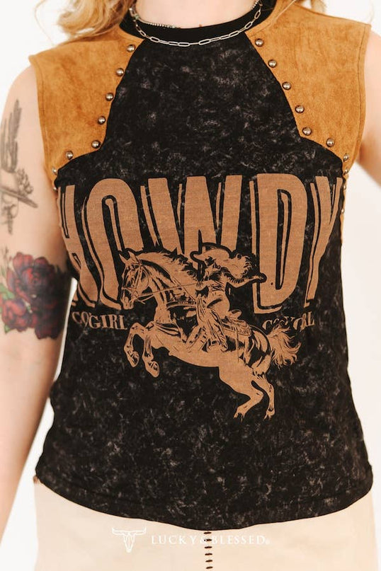  Black Mineral Wash Suede Vintage Studded Sleeveless Shirt