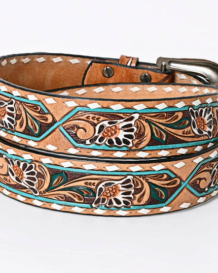 LC-ADBLF161 Tooled Leather Belt - White Daisy Floral with Teal Diamond Accents