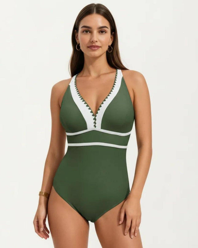 One Piece Swimsuit with Deep V Neck Contrast Trim and Sculpted Waist Design