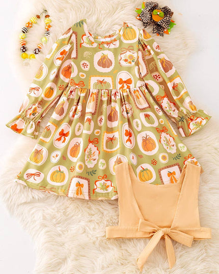 Multi printed pumpkin dress with vest. OFG51759 SOL