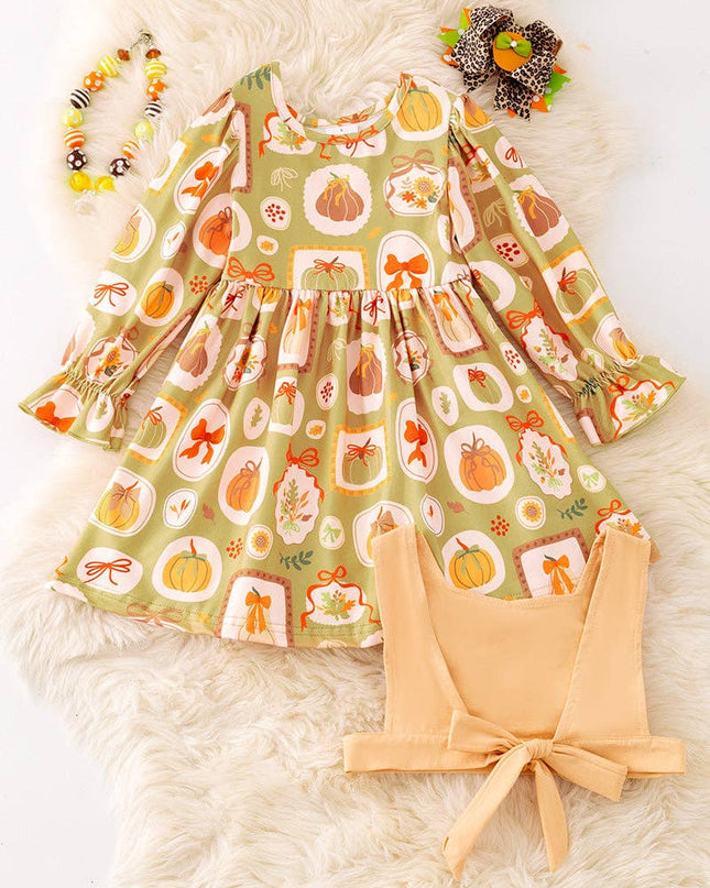 Multi printed pumpkin dress with vest. OFG51759 SOL