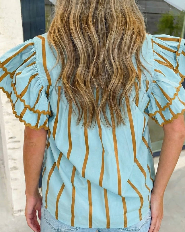 Stripe Ricrac Trim Ruffle V Neck Blouse S-XL