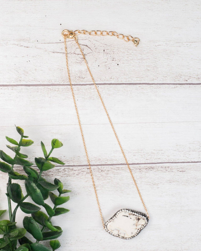 Cream Stone Pendant with Clear Crystal Accents on Gold Chain Choker